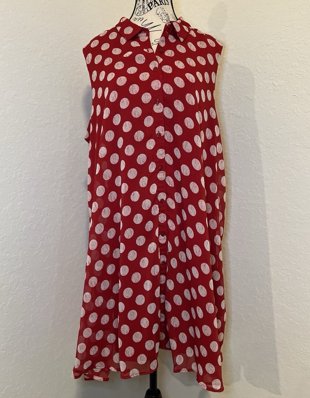 Red Polka Dot Button Up Shirt Dress Pockets Size Extra Large Fully Lined EUC XL
